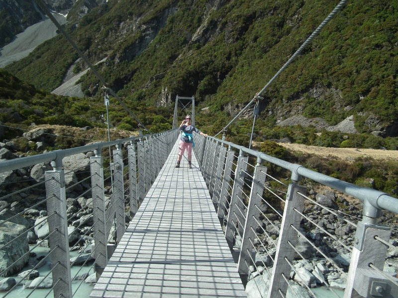 Sue on Bridge at Hooker Valley