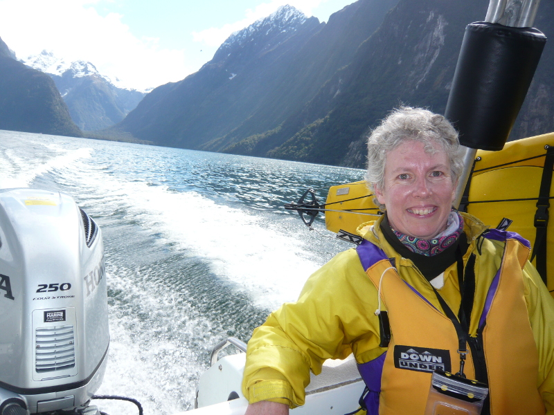 Sue on boat on return